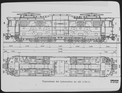 883990 Zijaanzicht en bovenaanzicht van een electrische locomotief type Ae 4/6 van de S.B.B.